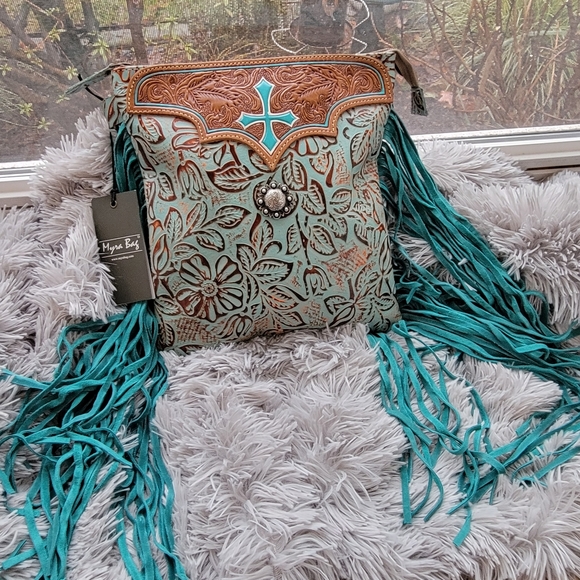 HAND TOOLED LEATHER FRINGE PURSE BY MYRA BAG - Picture 4 of 5